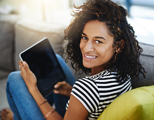 Image showing Happy, tablet and portrait of woman on sofa in home for network, online website and social media. Communication, relax and African female person on digital tech for videos, streaming and internet