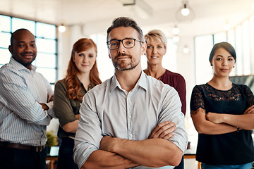 Image showing Businessman, portrait and arms crossed in management, leadership or executive team at office. Confident business people or professional standing in confidence for teamwork or about us at workplace