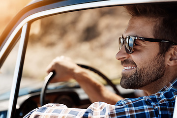 Image showing Road trip, happy and man travel in car driving for adventure, summer vacation and holiday. Transportation, relax and face of male person in motor vehicle for freedom, journey and happiness in window