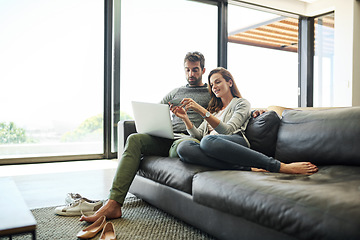 Image showing Credit card, laptop and couple on a couch, ecommerce and payment with romance, loving and transaction. Partners, man and woman with a pc, technology and online shopping with retail, home and banking