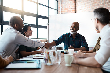 Image showing Business people, meeting and shaking hands for deal, partnership and senior collaboration. Funny, handshake and black men with agreement, congratulations or b2b, group acquisition and thank you.