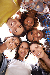 Image showing Happy, portrait and low angle of friends in circle with diversity, unity and collaboration. Teamwork, smile and group of multiracial people in huddle together for solidarity, community and friendship