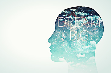 Image showing Double exposure, mind and dream with a universe in the head of a silhouette for fantasy as a digital illustration. Star galaxy, light and overlay as a symbol of mental awareness or free thinking