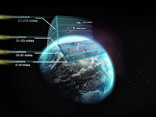 Image showing Earth, atmosphere layers and info on globe in dark space for astronomy study, science or light in galaxy. 3d sphere, research and sky for education, stars or satelite in solar system, world or cosmos