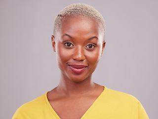 Image showing Face portrait, smile and and a black woman with makeup isolated on a white background in a studio. Happy, cosmetic and an African girl with facial cosmetics, wellness and confidence on a backdrop