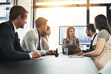 Image showing Meeting, finance and statistics with a business woman giving a presentation to her team in the boardroom. Laptop, stock market or accounting with a female manager talking to a group of people at work