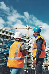 Image showing Construction, building project and engineer team talking and planning vision and architecture. Black woman and man together for site management, engineering and safety assessment outdoor in city