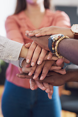 Image showing Closeup of hands together, team and support, collaboration and diversity in creative group at startup. Motivation, solidarity and trust with teamwork, hand stack and people in professional community