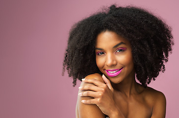 Image showing Hair care, face and smile of black woman with makeup in studio isolated on a pink background mockup for skincare. Hairstyle portrait, cosmetics and African female model with salon treatment for afro.