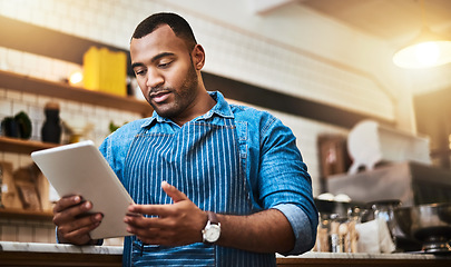 Image showing Waiter, tablet and manager with man in cafe for online, entrepreneurship and startup. Professional, technology and food industry with small business owner in restaurant for barista and coffee shop