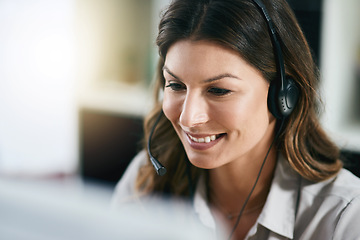 Image showing Communication, face or happy woman in call center consulting, speaking or talking at customer services. Virtual assistant, friendly or sales consultant in telemarketing or telecom company help desk