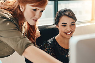 Image showing Business woman, computer and coach with idea in team collaboration for strategy or planning at the office. Female mentor coaching or training staff on technology in teamwork for solution at workplace