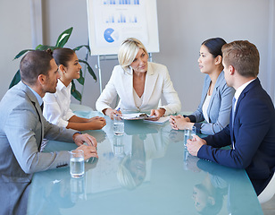 Image showing Business people in a meeting, teamwork and discussion in conference room with diversity in corporate group. Men, women and female team leader with conversation, data analytics and collaboration