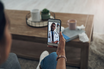 Image showing Phone, remote consulting with a doctor and a patient in the home for healthcare, medical or insurance. Video call, communication and contact with a person talking to a medicine professional online