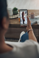 Image showing Phone, remote telehealth with a doctor and a patient in the home for healthcare, medical or insurance. Video call, communication and contact with a medicine professional consulting a person online