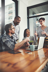 Image showing Teamwork, laptop and coaching with business people in meeting for project management, review or planning. Technology, website and training with group of employees in office for collaboration and idea