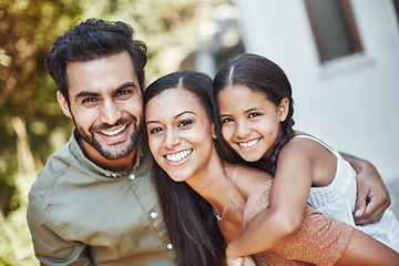 Image showing Happy family, nature and portrait together with smile in a garden or backyard of a house. Love, quality time and a father, mother and girl child with piggyback in a park for happiness and bonding