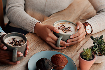 Image showing Latte cup, people hands and art in customer services, restaurant creativity and hospitality or food industry for inspiration. Cafe shop, women closeup and espresso, chocolate cupcake and coffee drink