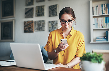 Image showing Phone, laptop and search with woman in home office for networking, social media and remote worker. Communication, contact and internet with female freelancer for technology, blog and email planning