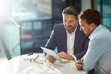 Image showing Tablet work, happy and business people in meeting for planning, collaboration and strategy. Smile, speaking and corporate men reading information on technology for a plan, ideas or teamwork in office