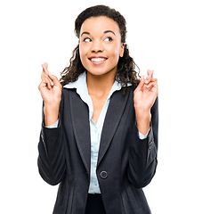 Image showing Business woman, excited or fingers crossed on isolated white background in promotion, good luck or news. Smile, happy or corporate and wish hands gesture, winning hope or finance success on mock up