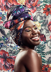 Image showing Head wrap, flowers and black woman with beauty, smile and confident girl against floral background. Turban, happy model and female person with skincare, trendy and joy with art, creative and pattern