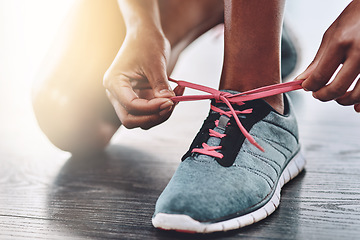 Image showing Shoes, closeup and person tying laces to start exercise, workout or wellness sport in a gym for health performance. Sneakers, sports and hands of a healthy woman or runner ready for training