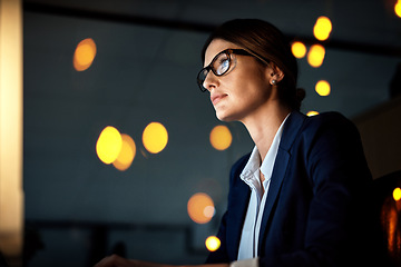 Image showing Night, computer or businesswoman reading research or networking overtime on digital marketing strategy. Late, startup or focused employee online for project email deadline on internet at office desk