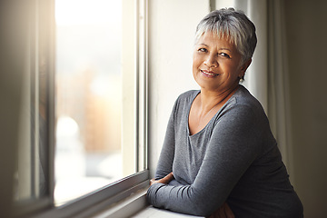 Image showing Window, portrait and senior woman with freedom, relax and cheerful at home, carefree and sunny. Face, mature female person and happy old lady with wellness, retirement and happiness with sunshine