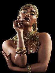 Image showing Fashion, portrait and woman with attitude in studio with jewellery, gold or creative on black background. Face, queen and lady model pose in luxury accessories for cosplay, rich and royal aesthetic