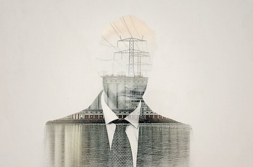 Image showing Industry man, double exposure and engineering for electricity with sustainability, water and vision. Businessman, thinking and holographic overlay with development, hydroelectric energy and ideas