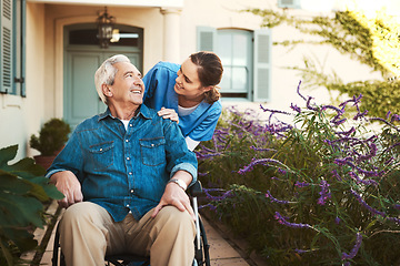 Image showing Senior man, nurse and wheelchair for healthcare support, life insurance or garden walk at nursing home. Happy elderly male patient with woman caregiver for person with disability in retirement
