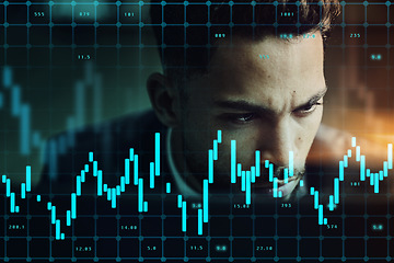 Image showing Serious businessman, overlay and stock market at night for trading, graph and chart data at office. Man trader or broker working late on technology checking market trends, analytics or statistics