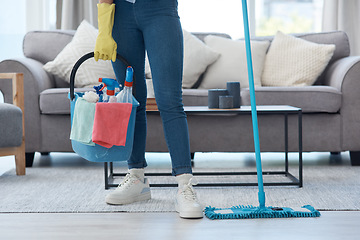 Image showing Bucket, mop and person with product for cleaning, housework and chores in a house. Start, lifestyle and a cleaner with tools to clean the living room, mopping and apartment hygiene in a home