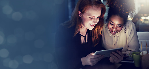 Image showing Business women, tablet and bokeh mockup at night with collaboration and teamwork. Company staff, technology work and web design project of professional brainstorming and planning with banner space