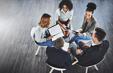 Image showing Meeting, brainstorming and team in the office planning project with documents and technology. Collaboration, teamwork and business people working with a tablet and paperwork in workplace with mockup.