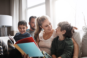 Image showing Family, reading book with parents and kids, happiness at home with story time and learning. Love, relationship and happy people bonding and care in living room with education and development