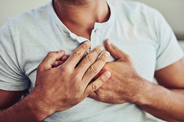 Image showing Healthcare, heart attack and man with chest pain, sickness or cardiovascular disease at his home. Medical emergency, ill and closeup of a male person in cardiac arrest or inflammation at his house.