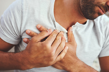 Image showing Heart attack, cardiovascular disease and man with chest pain, sickness or inflammation at his home. Medical emergency, healthcare and closeup of male person in cardiac arrest and injury at his house.