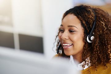 Image showing Face, crm or happy woman in call center consulting, speaking or talking at customer services. Virtual assistant, friendly smile or sales consultant in telemarketing or telecom company help desk