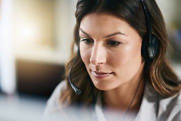 Image showing Communication, face or woman in call center consulting, speaking or talking at customer services. Virtual assistant, focused or serious sales consultant in telemarketing or telecom company help desk