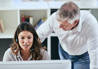 Image showing Training, woman or senior manager in call center coaching telemarketing in customer services office. CRM support, leadership or mature mentor teaching an insurance agent on new job advice on computer