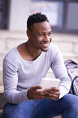 Image showing Smile, college and tablet with black man on stairs for learning, education or research. Network, social media and technology with male student on steps of university campus for app, digital or study