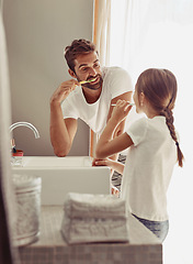 Image showing Brushing teeth, father learning and child in a bathroom at home in morning with dental cleaning. Oral hygiene, kids and dad together in house with bonding and parent love for children with toothbrush