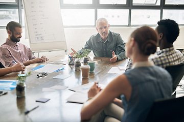 Image showing Business, staff and employees in a meeting, collaboration and teamwork for coaching, brainstorming and discussion. Group, coworkers and manager with team, share ideas and planning for profit growth