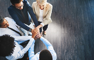 Image showing Teamwork, hands or top view of meeting with business people in office for group strategy by mockup. Support, huddle or employees planning our vision, target goals or mission together with solidarity