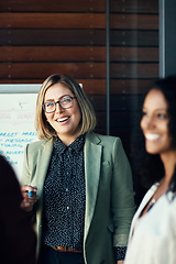 Image showing Woman, group and employees brainstorming, meeting and collaboration with a new project, development and profit growth. Female leader, coworkers or consultant with clients, share ideas and partnership