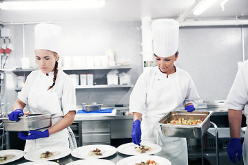 Image showing Chef, food and a woman cooking in the kitchen of a restaurant for luxury hospitality or nutrition. Catering, service and dinner with a female cook working in the service industry for healthy cuisine