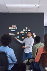 Image showing People in meeting, brainstorming and presentation with team in office, sticky note and communication at startup. Collaboration, teamwork and strategy workshop, ideas with presenter and audience