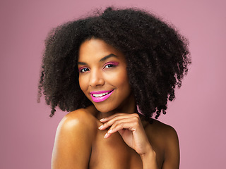 Image showing Face, hair care and smile of black woman with makeup in studio isolated on pink background for skincare. Hairstyle portrait, lipstick cosmetics and African female model with salon treatment for afro.